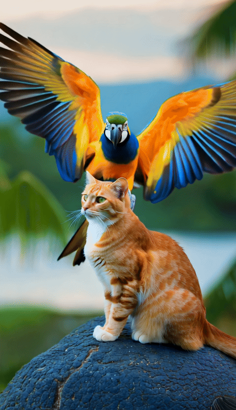 A hyper-realistic, detailed scene depicts a ginger tabby cat with prominent stripes